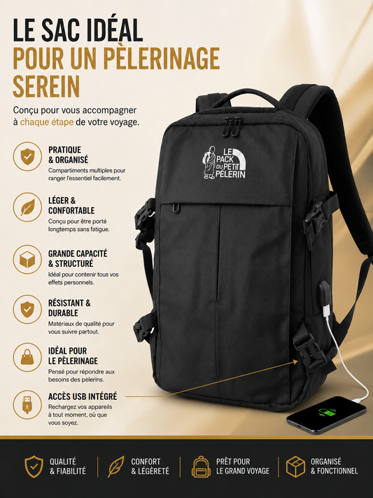 Pack Pèlerin Complet Hajj & Omra – Tous les Essentiels Inclus (Sac Premium USB + Ihram + Ceinture + Tapis + Siwak + Compteur) | Le Pack du Petit Pèlerin