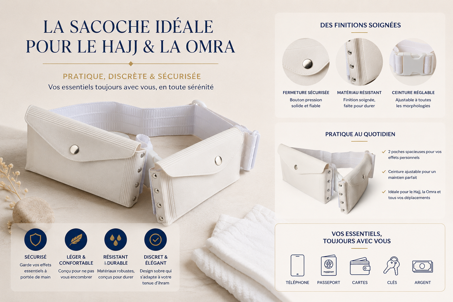 Pack Pèlerin Complet Hajj & Omra – Tous les Essentiels Inclus (Sac Premium USB + Ihram + Ceinture + Tapis + Siwak + Compteur) | Le Pack du Petit Pèlerin