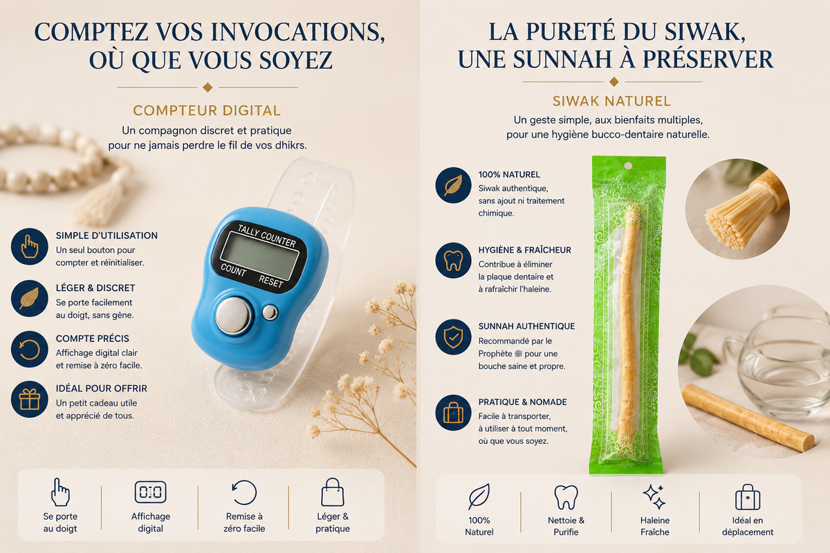 Pack Pèlerin Complet Hajj & Omra – Tous les Essentiels Inclus (Sac Premium USB + Ihram + Ceinture + Tapis + Siwak + Compteur) | Le Pack du Petit Pèlerin