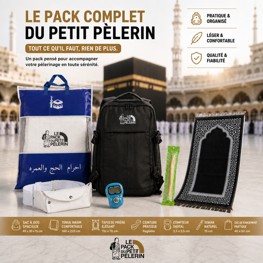 Pack Pèlerin Complet Hajj & Omra – Tous les Essentiels Inclus (Sac Premium USB + Ihram + Ceinture + Tapis + Siwak + Compteur) | Le Pack du Petit Pèlerin