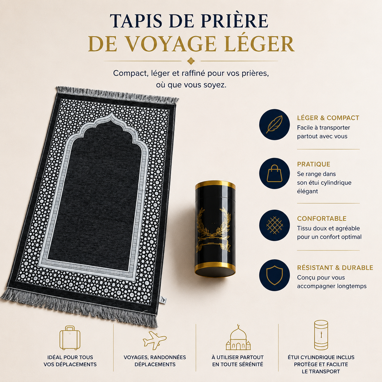 Pack Pèlerin Complet Hajj & Omra – Tous les Essentiels Inclus (Sac Premium USB + Ihram + Ceinture + Tapis + Siwak + Compteur) | Le Pack du Petit Pèlerin